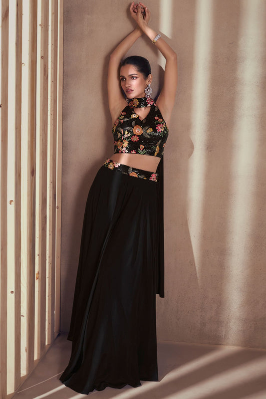 Black Chinon Silk Palazzo with Choli - Embroidery Work