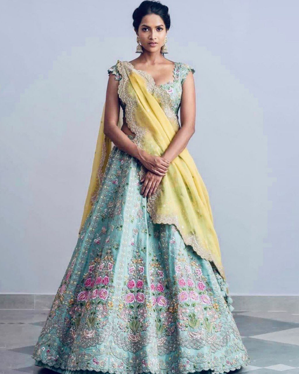 Alluring Yellow Taffeta Silk Flower Embroidery Work Lehenga Choli With Pink Dupatta