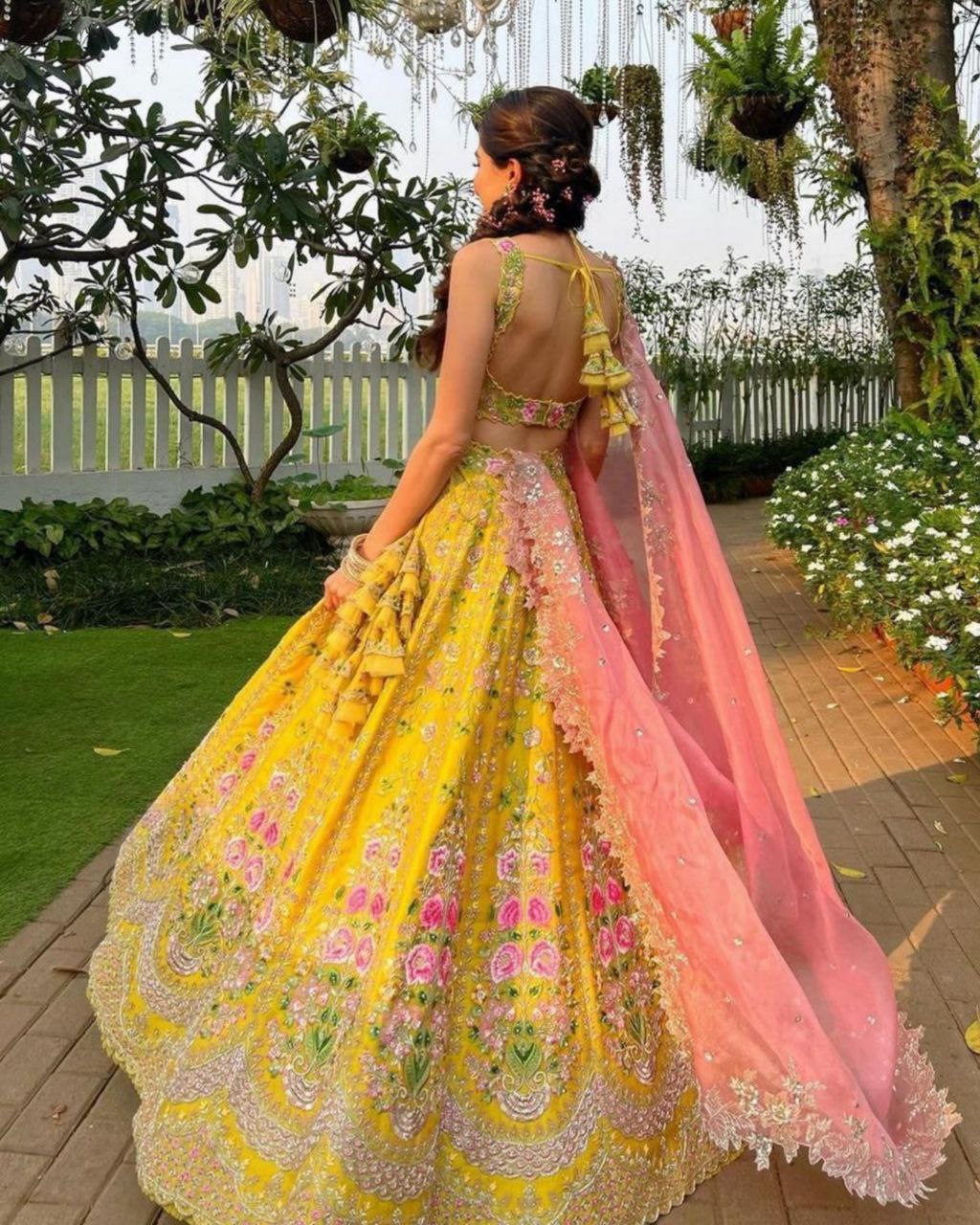 Alluring Yellow Taffeta Silk Flower Embroidery Work Lehenga Choli With Pink Dupatta