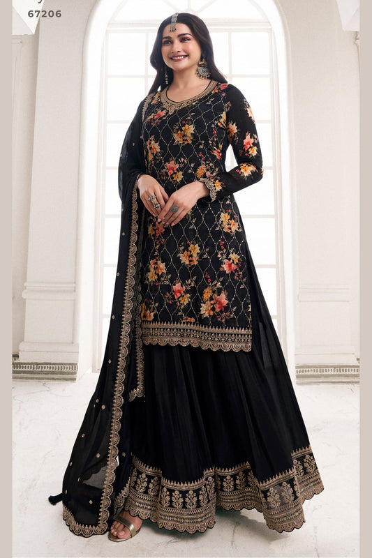 Black Chinon Silk Floral Plazo Suit - Embroidery Work, Print Work