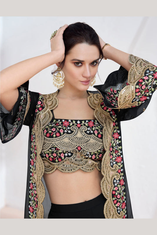 Black Georgette Palazzo with Choli with Koti - Embroidery Work