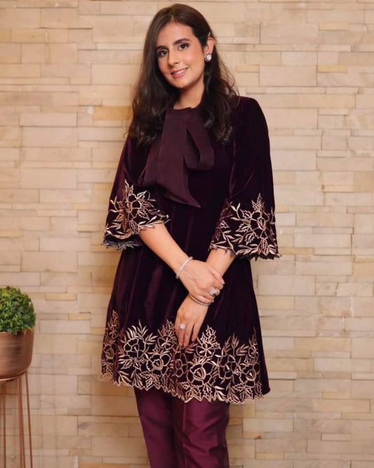 Alluring Maroon Micro Velvet Embroidery Work Pakistani Suit With Dupatta