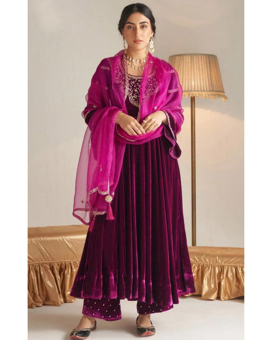 Beautiful Wine Micro Velvet Embroidery Work Anarkali Suit With Net Dupatta